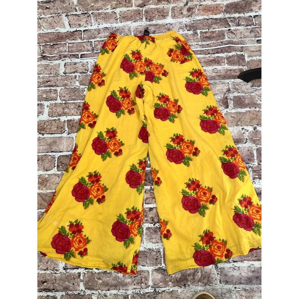 J Peterman‎ Company Yellow Floral Rose Wide Leg Cotton Pants XS Made in India - Picture 6 of 15